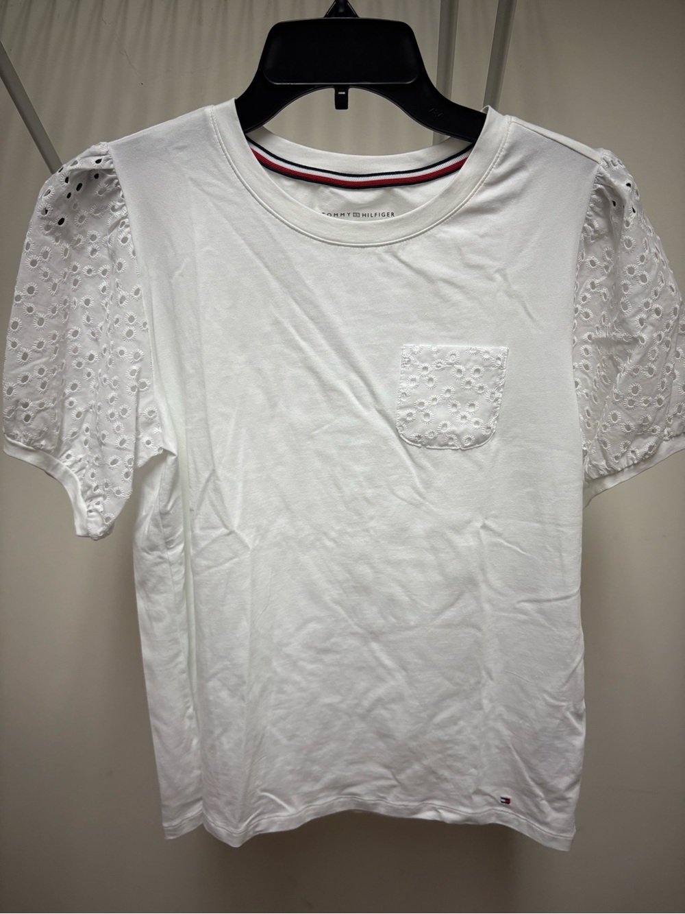 Tommy Hilfiger White Eyelet-Sleeve Pocket Tee